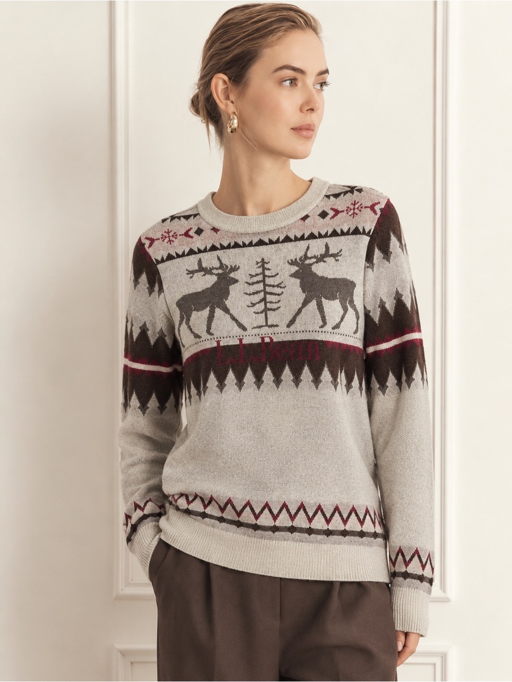 Vintage L.L. Bean Signature Wool Fair Isle Sweater Reindeer Holiday Grey X Small